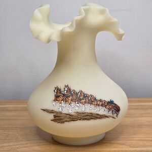 Vintage Fenton Satin Custard Glass Ruffled Vase With Budweiser Clydesdales 7"